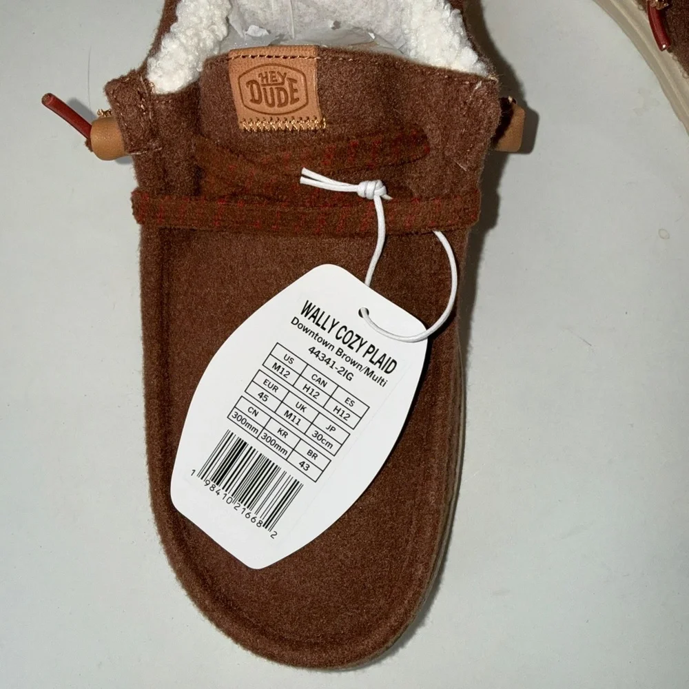 HEY DUDE $70 New Mens 12 Brown Casual Slip On Wally Cozy Plaid Shoes Box #33 - Picture 2 of 7